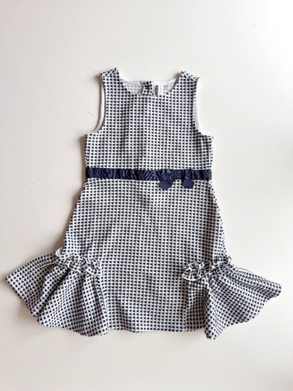 Girls' JANIE AND JACK Navy Blue White Mini Check Jacquard Knit Bow Dress, Size 6
